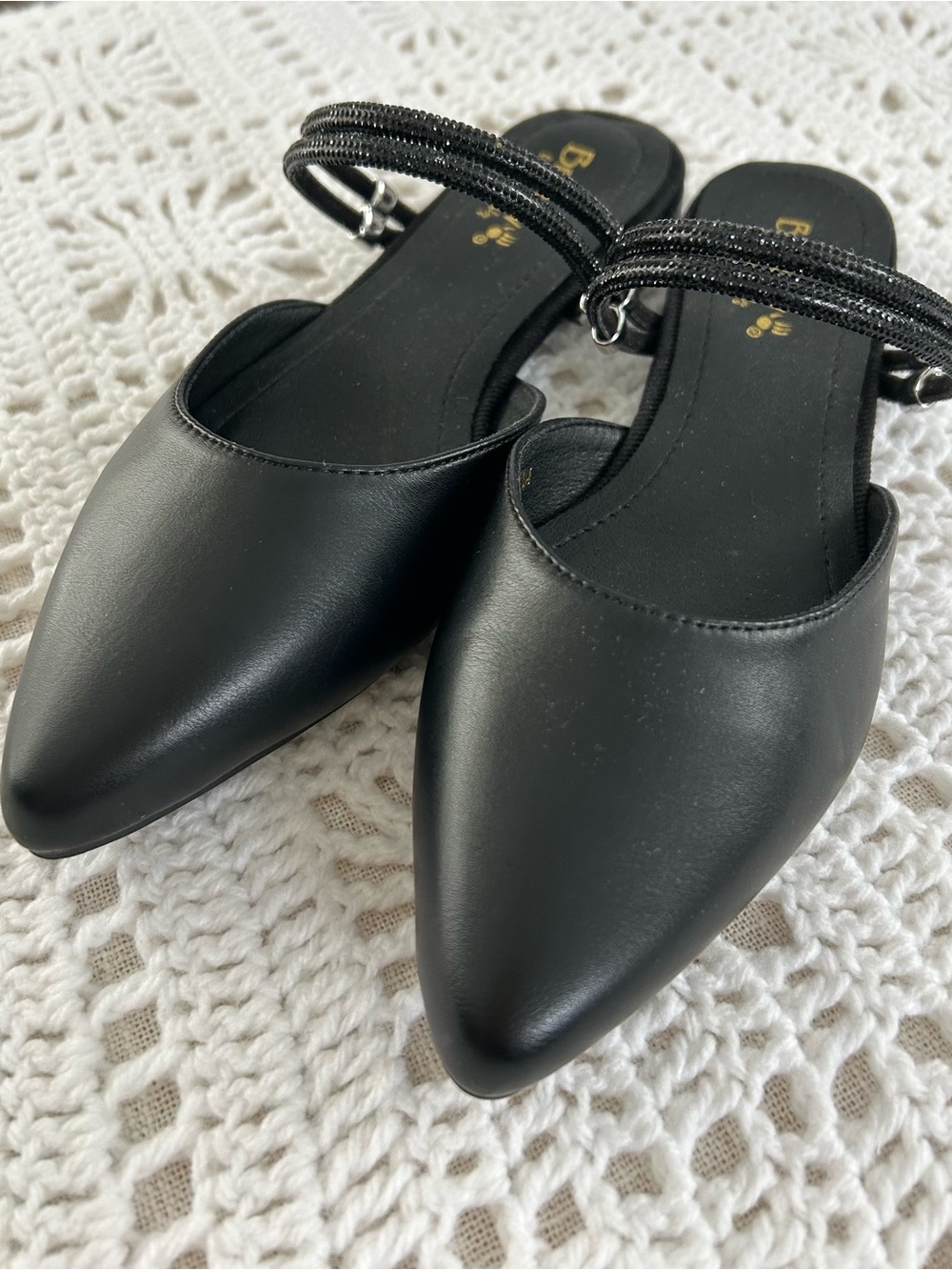 BearPaw Black Pointed Toe Slip-On Mules with Beaded Strap